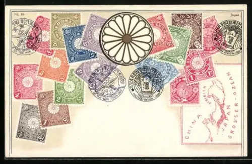 AK Japan, Biefmarken und Landkarte mit Blumenornament