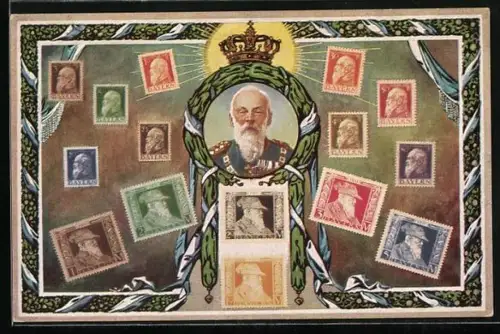 AK Prinzregent Luitpold, Porträt mit Briefmarken