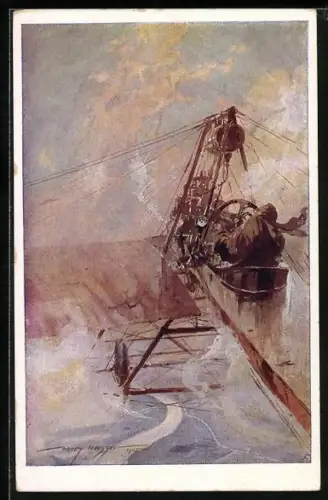 Künstler-AK Harry Heusser: Fliegertod des Oberleutnantes Albert Sanchez la Cerda, Rotes Kreuz