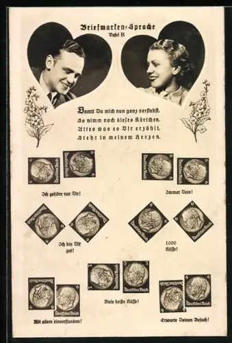 AK Briefmarken-Sprache, Ich bin Dir gut!, Immer Dein!, Mit allem einverstanden!, Dame und Herr im Herz