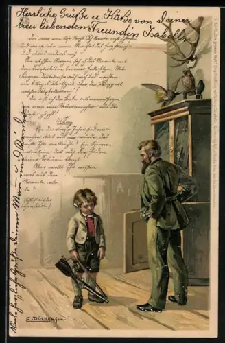 Künstler-Lithographie E. Döcker: Die Grosse That, Ganghofer, Vater und Sohn