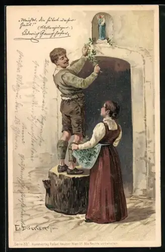 Künstler-AK E. Döcker: Paar hängt Mistelzweig auf