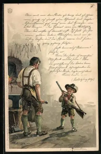 Künstler-Lithographie E. Döcker: Die grosse That, kleiner Jäger und Schmied