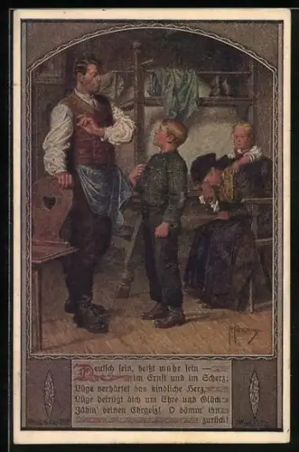 Künstler-AK Franz Kuderna, Deutscher Schulverein Nr. 802: Vater übergibt die väterlichen Pflichten an den Sohn