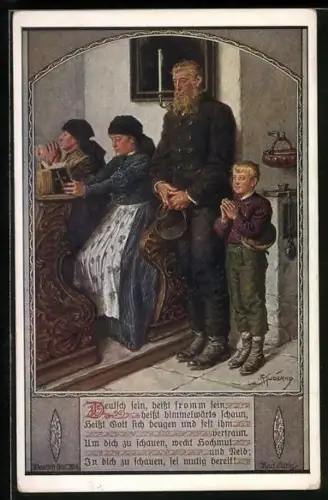 Künstler-AK Kuderna: Deutsch sein, heisst fromm sein, Gläubige in der Kirche, Deutscher Schulverein