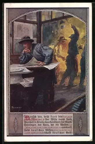Künstler-AK Kuderna: Deutsch sein, heisst stark sein, Arbeiter mit Schürhaken am Feuer, Deutscher Schulverein