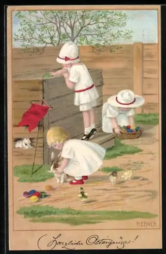 Künstler-AK Pauli Ebner: Herzliche Ostergrüsse!, Kinder mit Osterhasen und Ostereiern