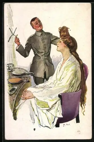 Künstler-AK Ernst Heilemann: Der Herr Frisör auf Urlaub