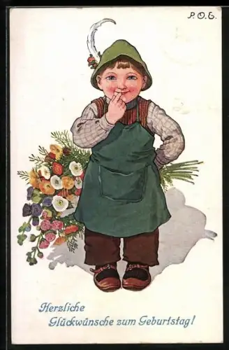 Künstler-AK P.O.Engelhard (P.O.E.): schüchterner Junge verbirgt einen Blumenstrauss hinter seinem Rücken