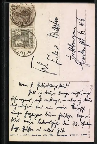 Künstler-AK P.O.Engelhard (P.O.E.): schüchterner Junge verbirgt einen Blumenstrauss hinter seinem Rücken