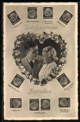 AK Briefmarkensprache für Liebespaare, Paar im Herz, Ich muss dich wiedersehen