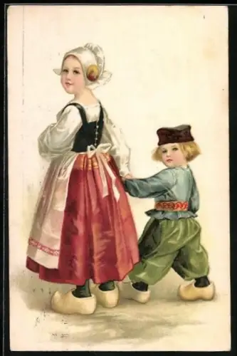 Lithographie Zwei niederländische Geschwister in ihrer Volkstracht