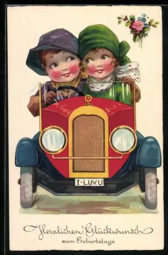 AK Zwei Kinder fahren in einem kleinen Auto, Geburtstagswünsche