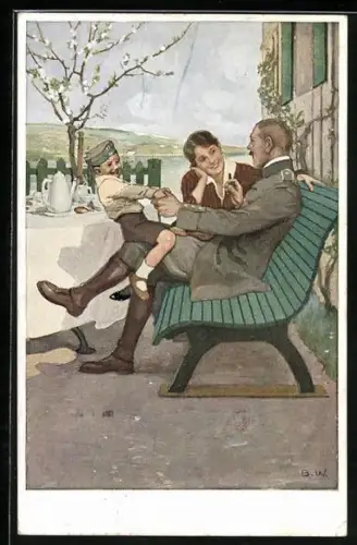 Künstler-AK Brynolf Wennerberg: Soldat mit Frau und Kind auf einer Bank