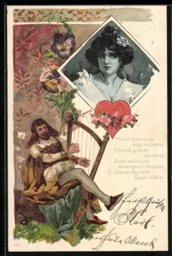 Lithographie Harfenspieler gedenkt seiner Liebsten, Portrait der Dame mit Liebesschwur, Darstellung im Jugendstil