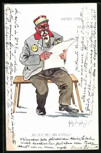 Künstler-AK Fritz Schönpflug: Wiener Typen, Dienstmann, Ka Zeit net, bin b`stellt