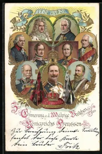 Lithographie Königreich von Preussen, 200jähriges Bestehen, 1701-1901, Friedrich I., Friedrich Wilhelm III.