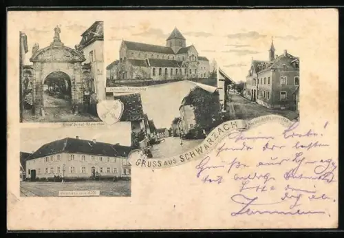 AK Schwarzach / Baden, Gasthaus zum Rössle, Waisenanstalt und Abteikirche