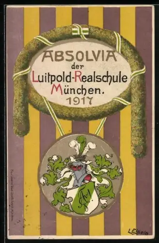 Künstler-AK München, Absolvia der Luitpold-Realschule 1917, Studentenwappen