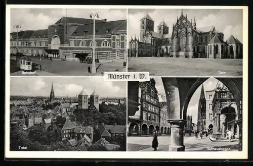 AK Münster i. W., Bahnhof, Dom, Rathausbogen, Gesamtansicht