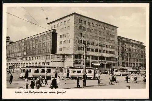 AK Essen, Das Postgebäude im neuen Gewand, Strassenbahn