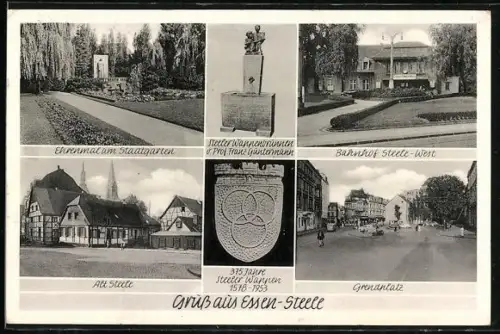 AK Essen-Steele, Ehrenmal Stadtgarten, Bahnhof Steele-West, Grendplatz, Alt Steele, Steeler Wappen