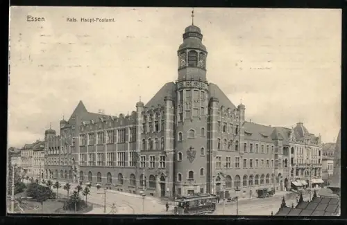 AK Essen / Ruhr, Kaiserliches Haupt-Postamt, Strassenbahn