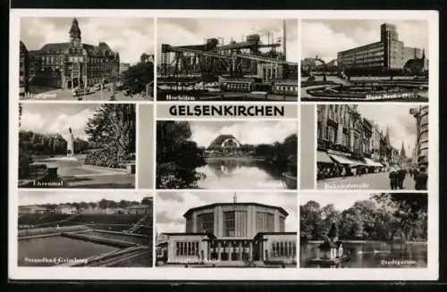 AK Gelsenkirchen, Hauptpost, Hochöfen, Stadtgarten, Bahnhofstrasse, Ehrenmal, Hans-Sachs-Haus