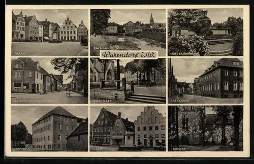 AK Warendorf i. Westf., Markt, Emsmühle, Krieger-Ehrenmal, Kirchplatz, Kloster