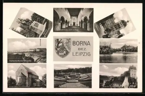 AK Borna /Leipzig, Stätte der Volksgemeinschaft, Teich mit Realgymnasium, Tagebau d. Witznitzer Kohlenwerkes