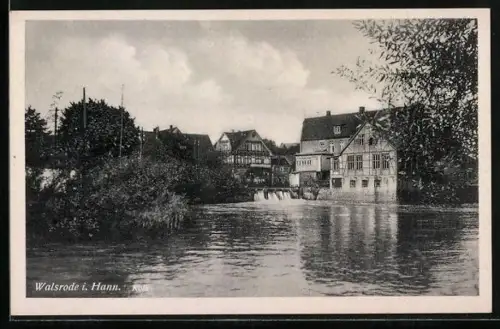AK Walsrode i. Hann., Flusslauf, Fachwerkhäuser, Wehr