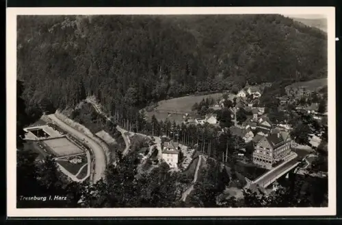 AK Treseburg i. Harz, Ortsansicht mit Brücke
