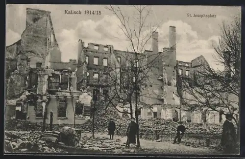 AK Kalisch, St. Josephsplatz mit Kriegszerstörungen 1914/15