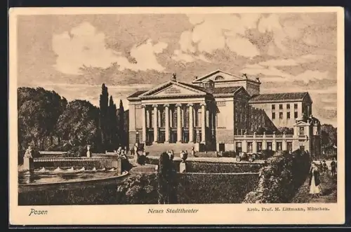 AK Posen / Poznan, Neues Stadttheater mit Gartenanlagen