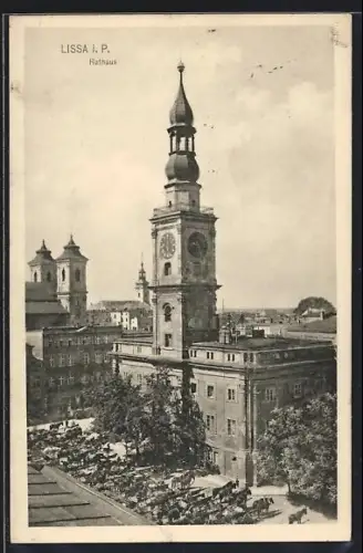 AK Lissa / Leszno, Blick zum Rathaus, Pferdegespanne