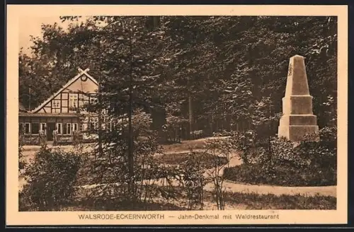 AK Walsrode, Gasthaus Eckenworth, Jahn-Denkmal am Restaurant