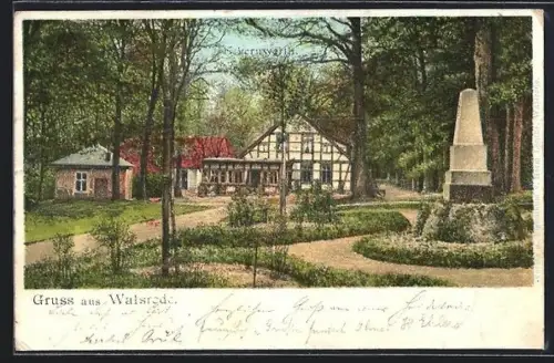AK Walsrode, Gasthaus Eckenworth mit Denkmal im Wald