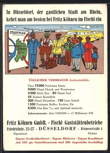 Künstler-AK Düsseldorf, Fischl Gaststättenbetriebe Fritz Köhnen GmbH, Friedrichstr. 25-27, Stadtplan, Gästegruppe