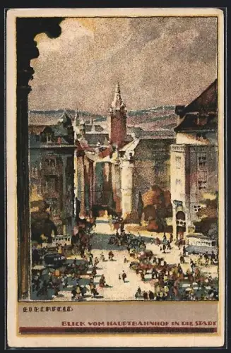 Steindruck-AK Elberfeld, Blick vom Hauptbahnhof in die Stadt