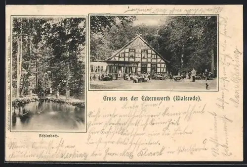 AK Walsrode, Gasthof Eckernworth, Gäste vor dem Gasthaus, Bohlenbach