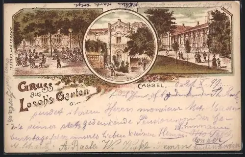 Lithographie Kassel, Gasthof Losch`s Garten, Eingang, Strassenpartie