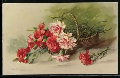 Künstler-AK Catharina Klein: Ein Korb voller roter und rosa Nelken