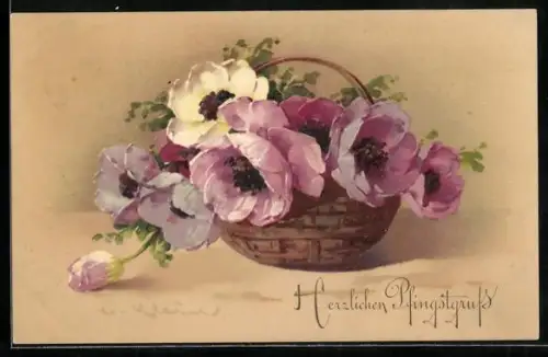 Künstler-AK Catharina Klein: Korb mit Mohnblumen, Pfingstgruss