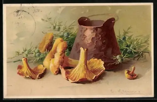 Künstler-AK Catharina Klein: Krug mit Pfifferlingen