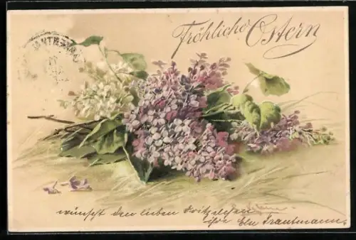 Künstler-AK Catharina Klein: zartblühender Osterstrauss, Fröhliche Ostern