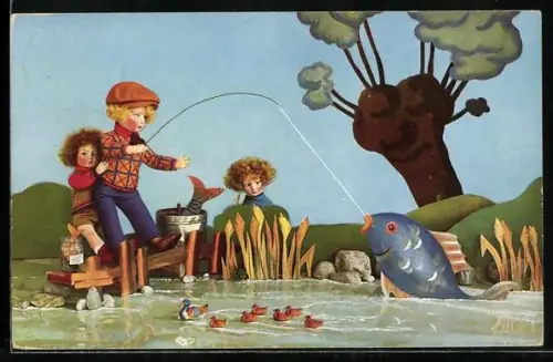 AK Szene beim Angeln mit Puppen nachgestellt