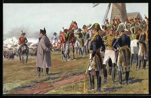 Künstler-AK O. Merte: Napoleon auf dem Thonberge nahe der Quandt`schen Tabaksmühle am 18. Oktober 1813