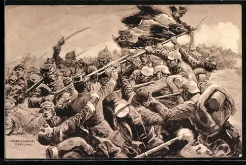 Künstler-AK Curt Schulz-Steglitz: Luneville, Schlacht, gr.Krieg 1914 /15, Eroberung einer französischen Fahne