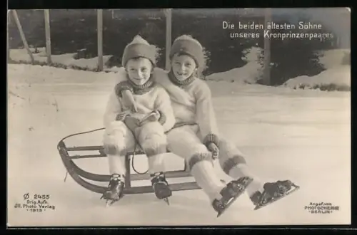 AK Die beiden ältesten Söhne des Kronprinzenpaares auf einem Schlitten