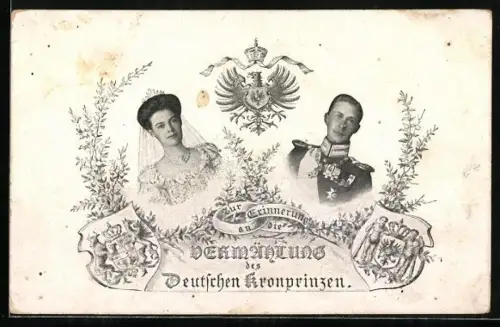 AK Portrait von Kronprinz Wilhelm von Preussen und seiner Gattin, Wappen